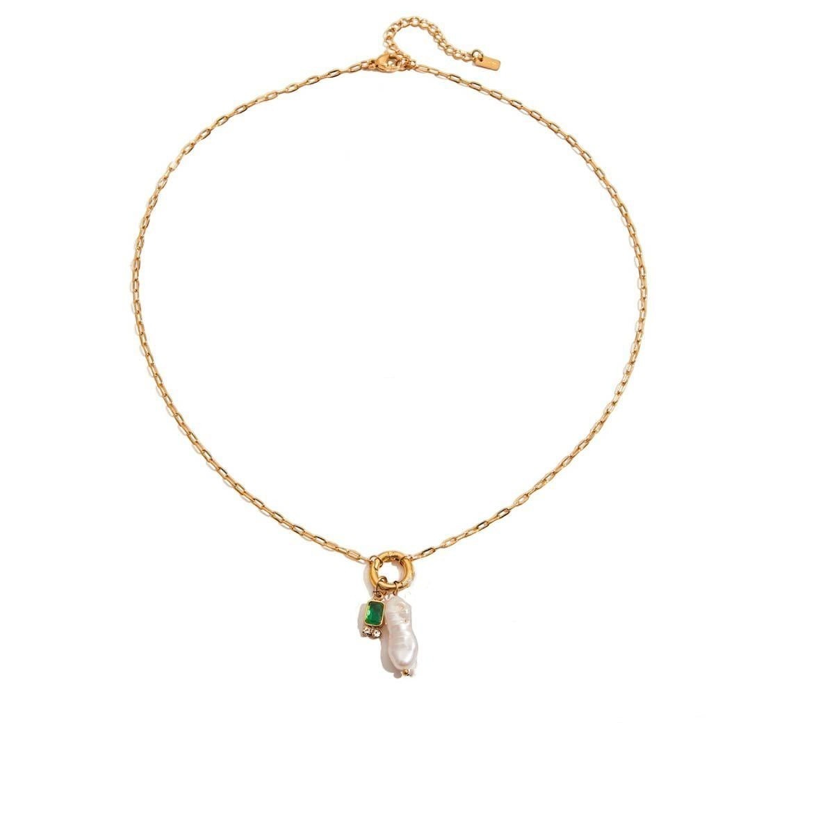 Tania Claire Australia gold plated stainless steel necklace featuring a lustrous pearl and green birthstone charm.