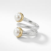 Tania Claire Australia Luna Coil Ring: sterling silver spiral ring with textured finish, accented by two pearls in gold bezels.