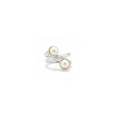 Tania Claire Australia Luna Coil Ring: sterling silver spiral ring with two pearls in gold bezels and textured finish.