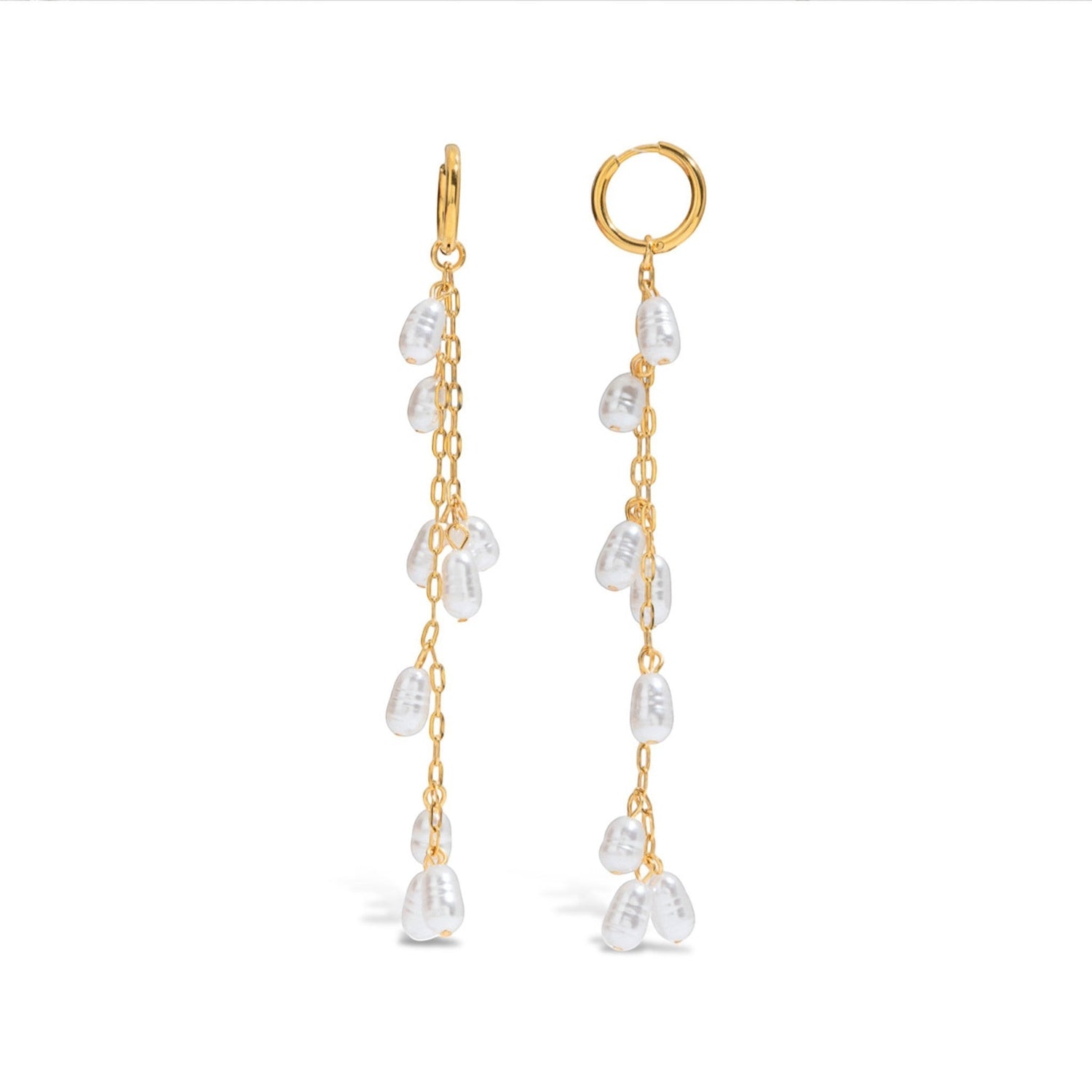 Tania Claire Australia Ondine gold-plated sterling silver drop earrings with cascading freshwater pearls on delicate chains.