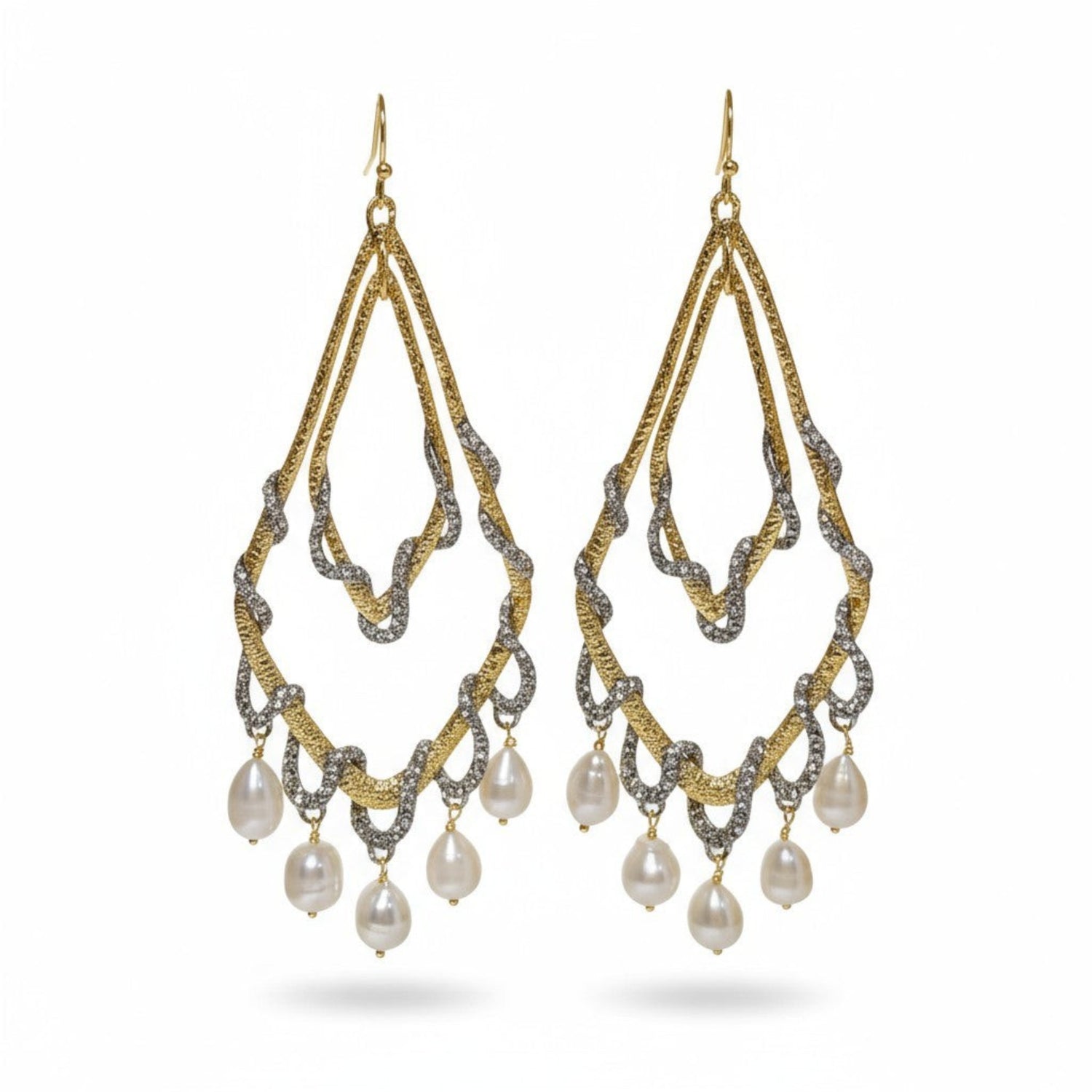 Tania Claire Australia Tears of the Moon earrings: 14K gold plated sterling silver chandelier earrings with freshwater pearls.