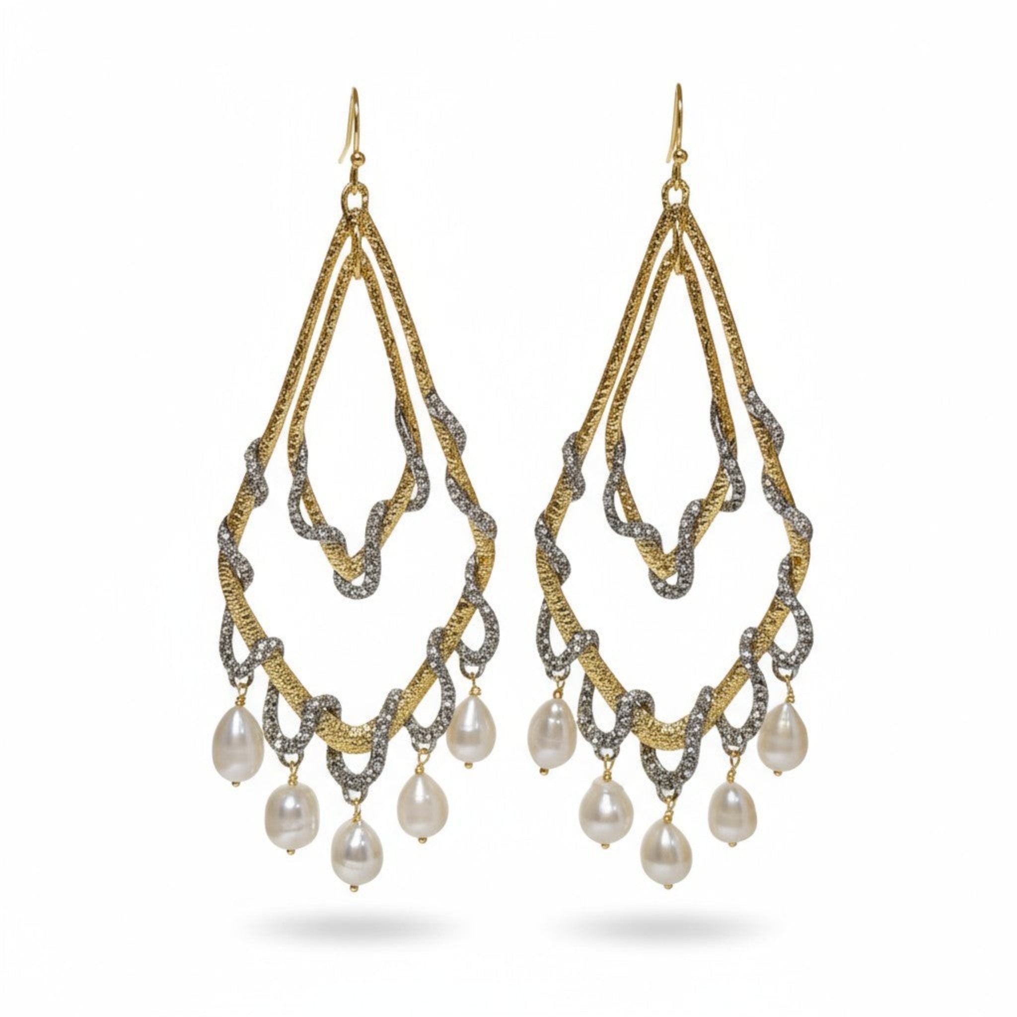 Tania Claire Australia Tears of the Moon earrings: 14K gold plated sterling silver chandelier earrings with freshwater pearls.