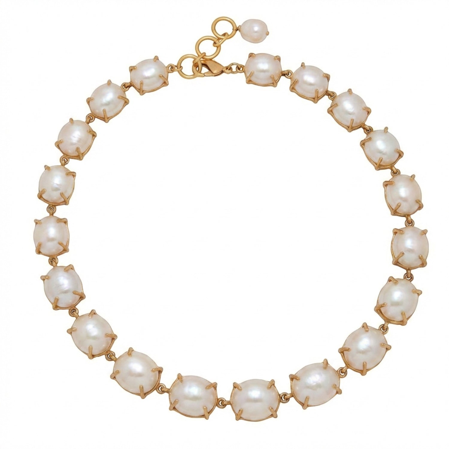 Tania Claire Australia Theia Necklace with oval pearls and gold-tone metal setting, adjustable clasp, and pearl accent.