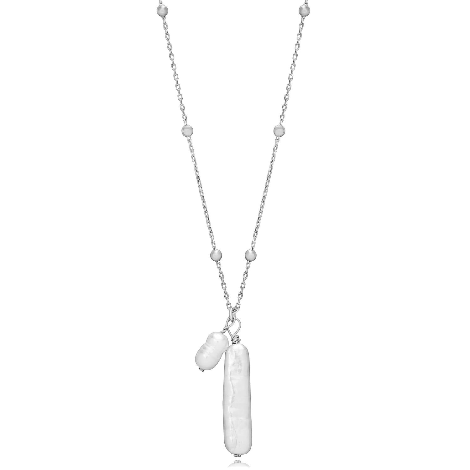 Tania Claire Australia Tidal Whispers necklace with two freshwater pearls on a sterling silver chain with 18K gold vermeil or white rhodium finish.