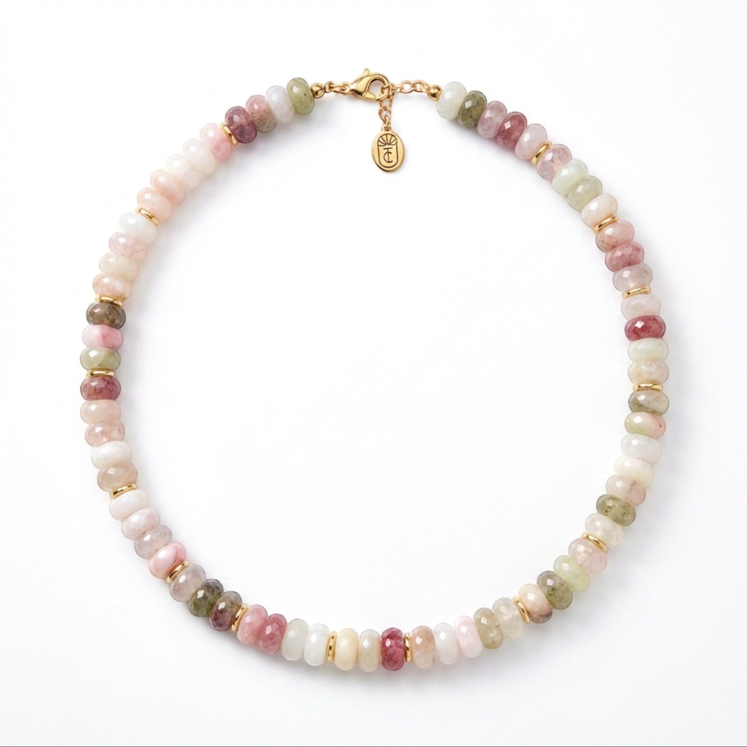 Tania Claire Australia Petite Odette Necklace with pastel pink, white, green, and berry-toned beads and gold accents.