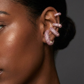 Tania Claire Australia Selene triple-wrap pink crystal pavé ear cuff stack worn on a model&