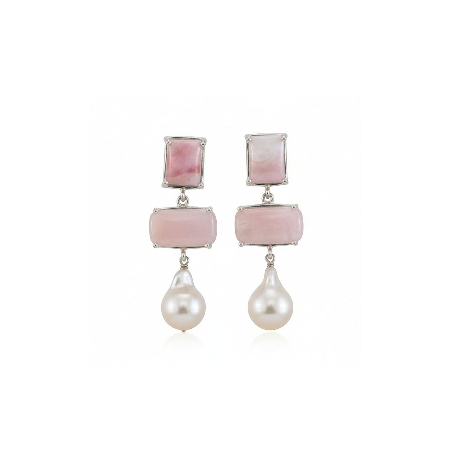Tania Claire Australia pink opal and pearl drop earrings in sterling silver. Rectangular stones with baroque pearl drop.