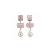 Tania Claire Australia pink opal and pearl drop earrings in sterling silver. Rectangular stones with baroque pearl drop.