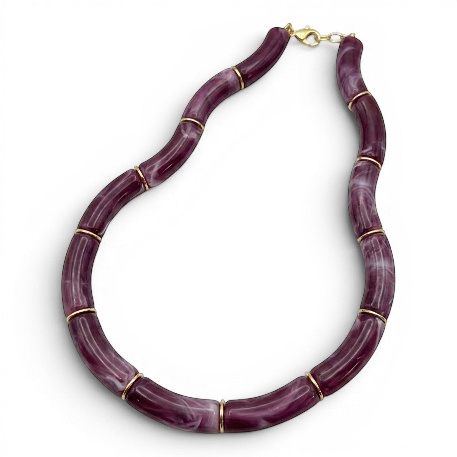 Tania Claire Australia Mia resin statement necklace with purple marbled beads and gold-tone spacers.