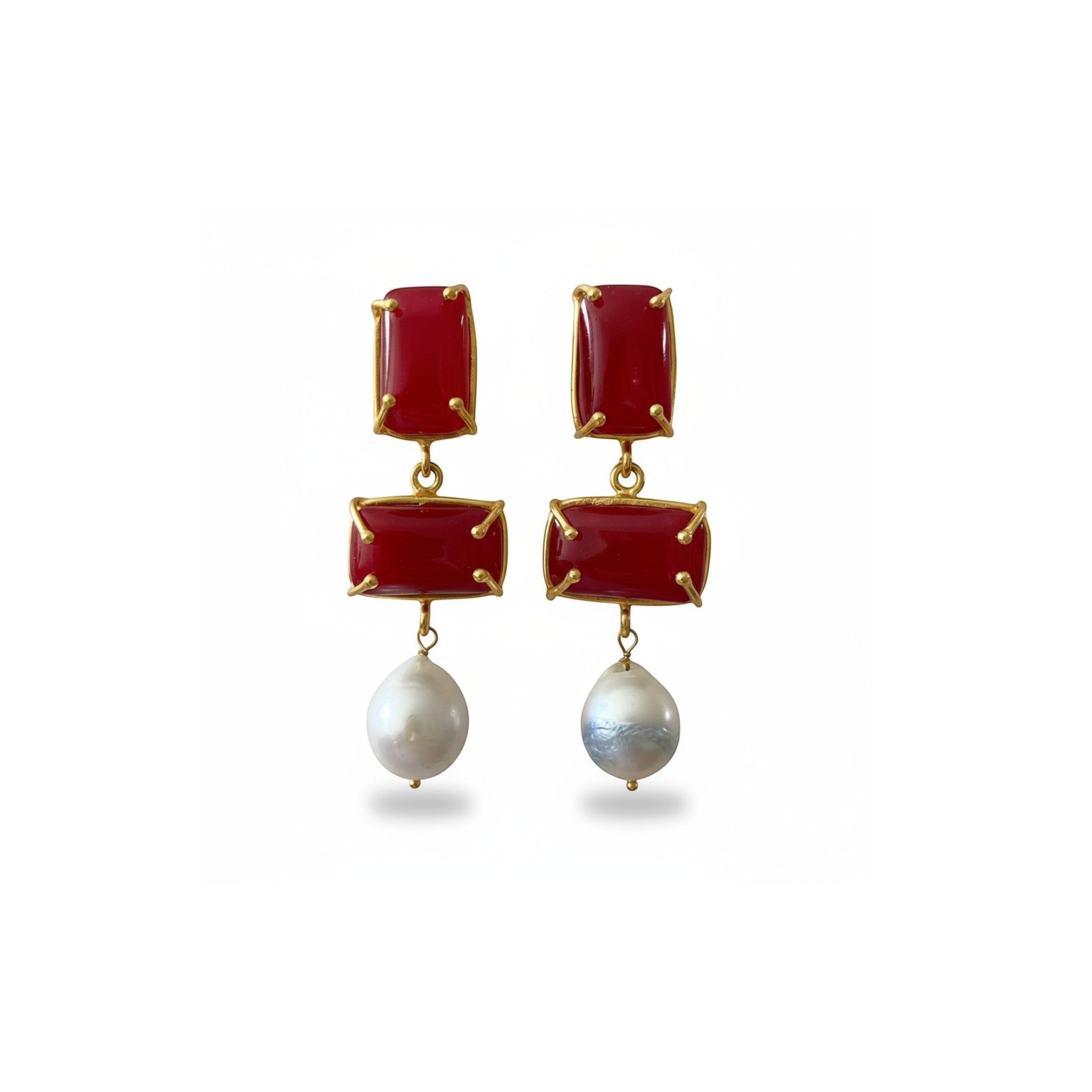 Tania Claire Australia Iris drop earrings featuring red rectangular gemstones and white baroque pearls in gold-plated brass