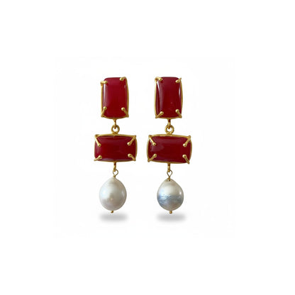 Tania Claire Australia Iris drop earrings featuring red rectangular gemstones and white baroque pearls in gold-plated brass