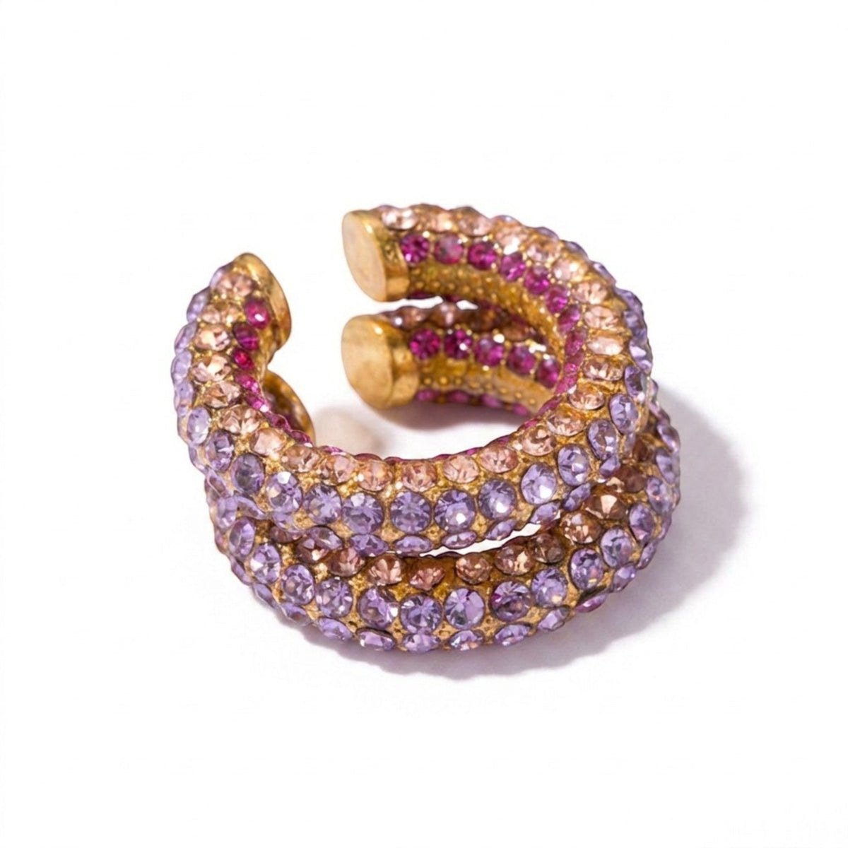 Tania Claire Australia Fluer Cuffs featuring purple and pink rhinestones on a gold-tone non-pierced ear cuff.