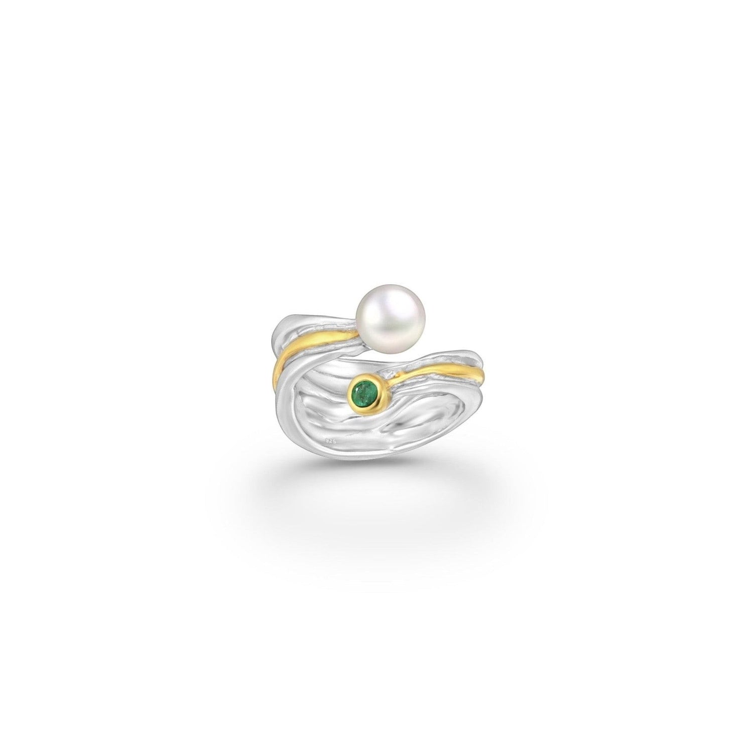 Tania Claire Australia Riverstone Ring: sterling silver band with 18k gold waves, freshwater pearl and emerald.