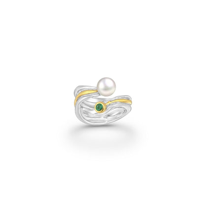 Tania Claire Australia Riverstone Ring: sterling silver band with 18k gold waves, freshwater pearl and emerald.