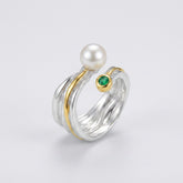 Tania Claire Australia Riverstone Ring: sterling silver band with gold detail, pearl and emerald.