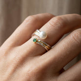 Tania Claire Australia Riverstone Ring: sterling silver band with pearl and emerald accents, gold detailing.