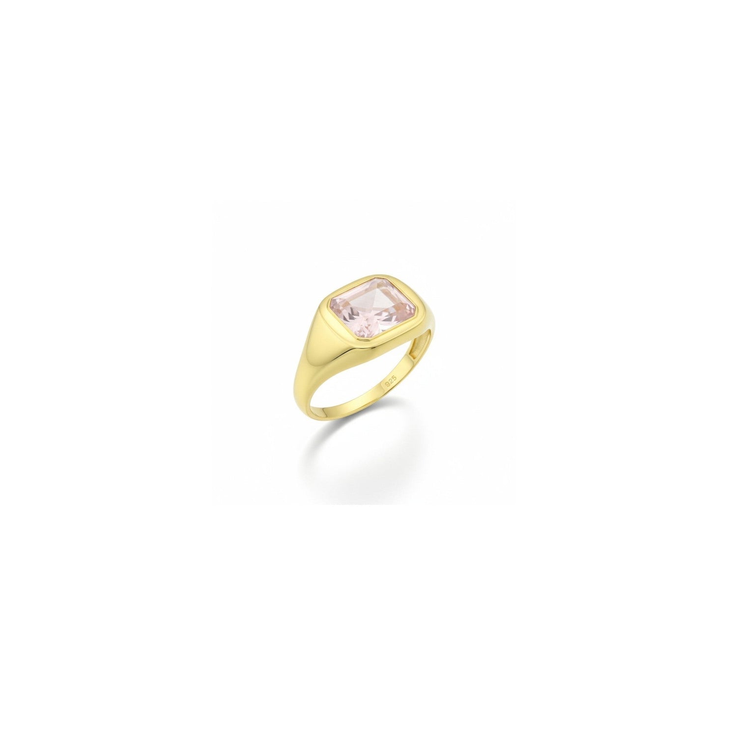 Tania Claire Australia gold signet ring with a square-cut rose quartz gemstone. Modern sculptural design.