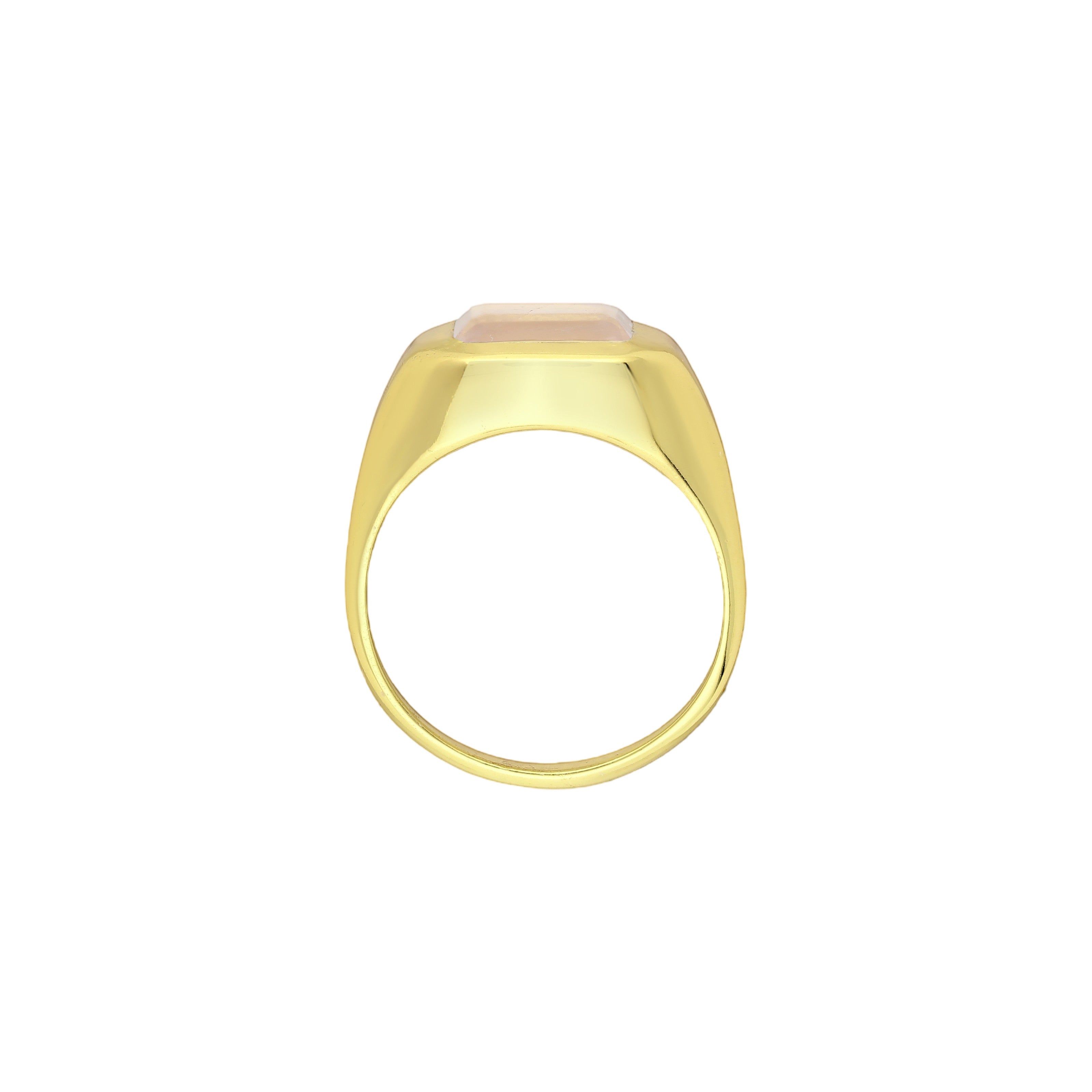 Tania Claire Australia gold signet ring with a rectangular rose quartz gemstone.