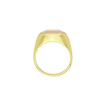 Tania Claire Australia gold signet ring with a rectangular rose quartz gemstone.