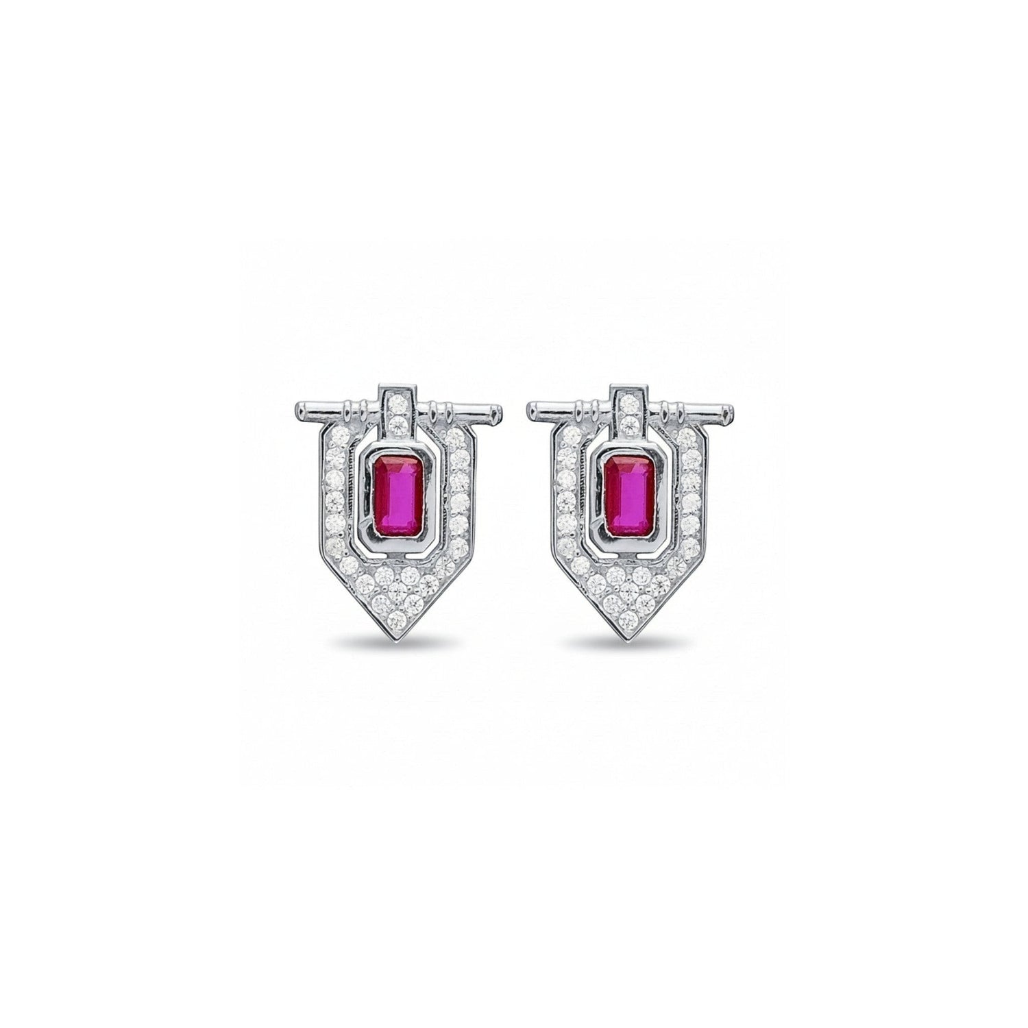 Tania Claire Australia geometric shield ruby and diamond stud earrings in silver finish.