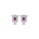 Tania Claire Australia geometric shield ruby and diamond stud earrings in silver finish.