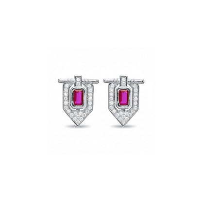 Tania Claire Australia geometric shield ruby and diamond stud earrings in silver finish.