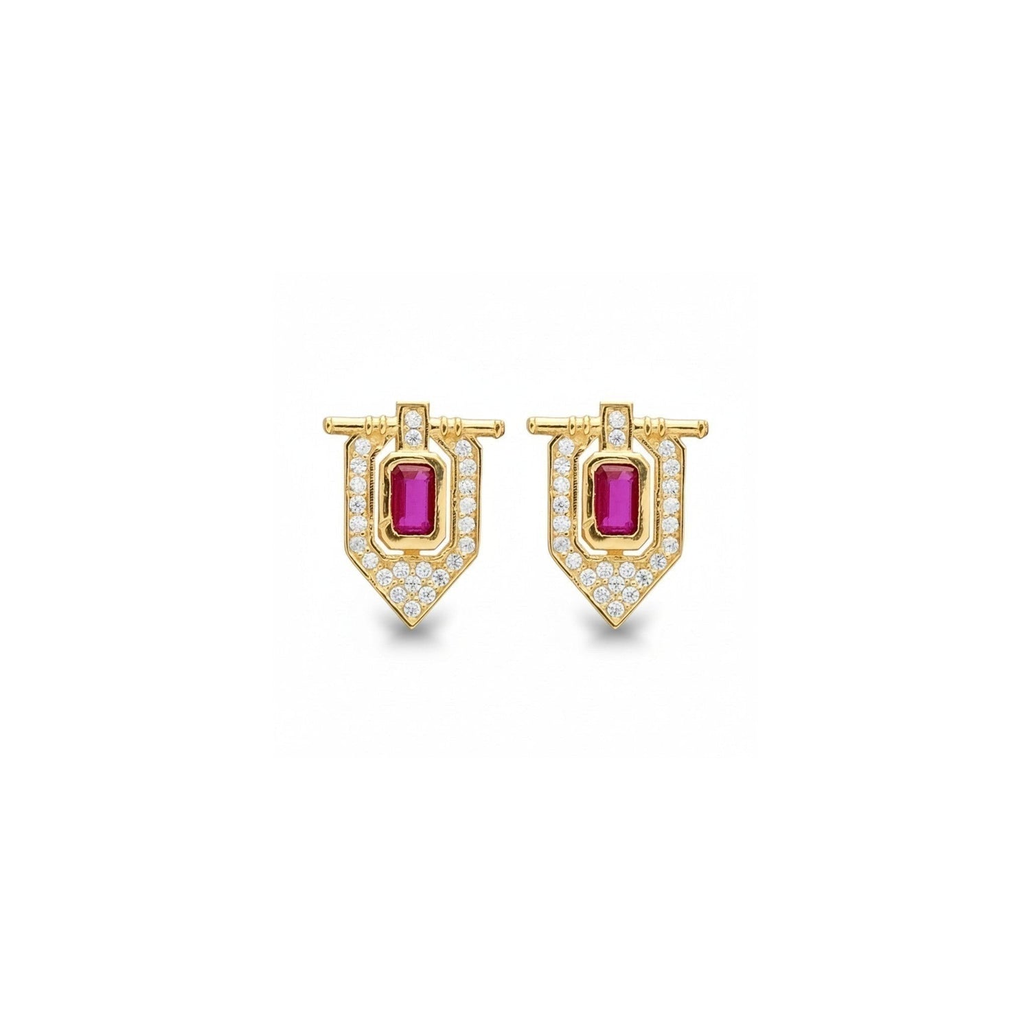 Tania Claire Australia gold shield earrings with central ruby and pavé diamonds.