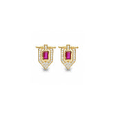 Tania Claire Australia gold shield earrings with central ruby and pavé diamonds.