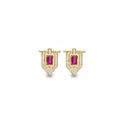 Tania Claire Australia gold shield earrings with central ruby and pavé diamonds.