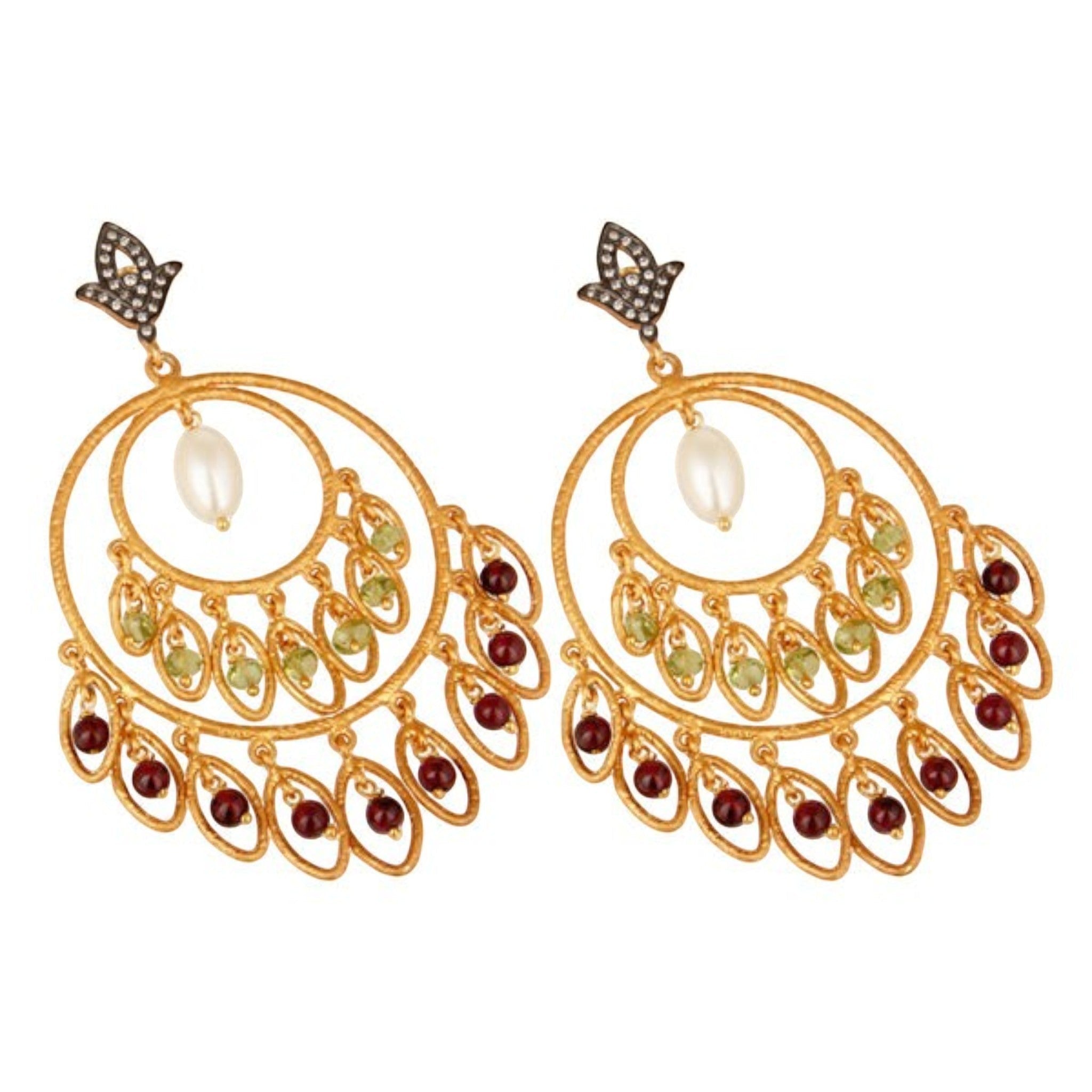 Tania Claire Australia Sacred Bloom earrings featuring gold-plated sterling silver, garnet, peridot, and pearl stones.