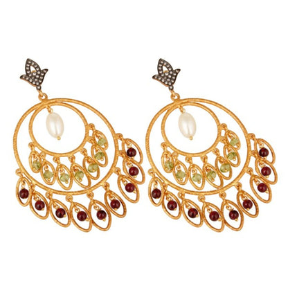 Tania Claire Australia Sacred Bloom earrings featuring gold-plated sterling silver, garnet, peridot, and pearl stones.