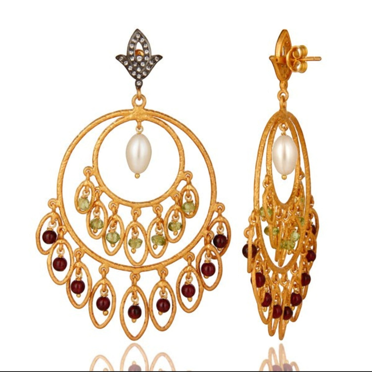 Tania Claire Australia Sacred Bloom earrings featuring 18K gold-plated sterling silver, garnet, peridot, and pearl.