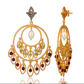 Tania Claire Australia Sacred Bloom earrings featuring 18K gold-plated sterling silver, garnet, peridot, and pearl.