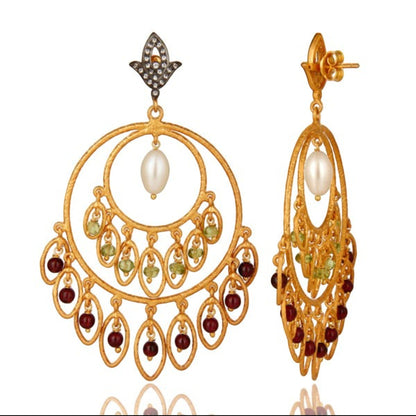 Tania Claire Australia Sacred Bloom earrings featuring 18K gold-plated sterling silver, garnet, peridot, and pearl.