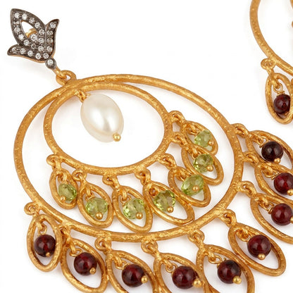 Tania Claire Australia Sacred Bloom gold-plated earrings with garnet, peridot, pearl, and crystal accents.