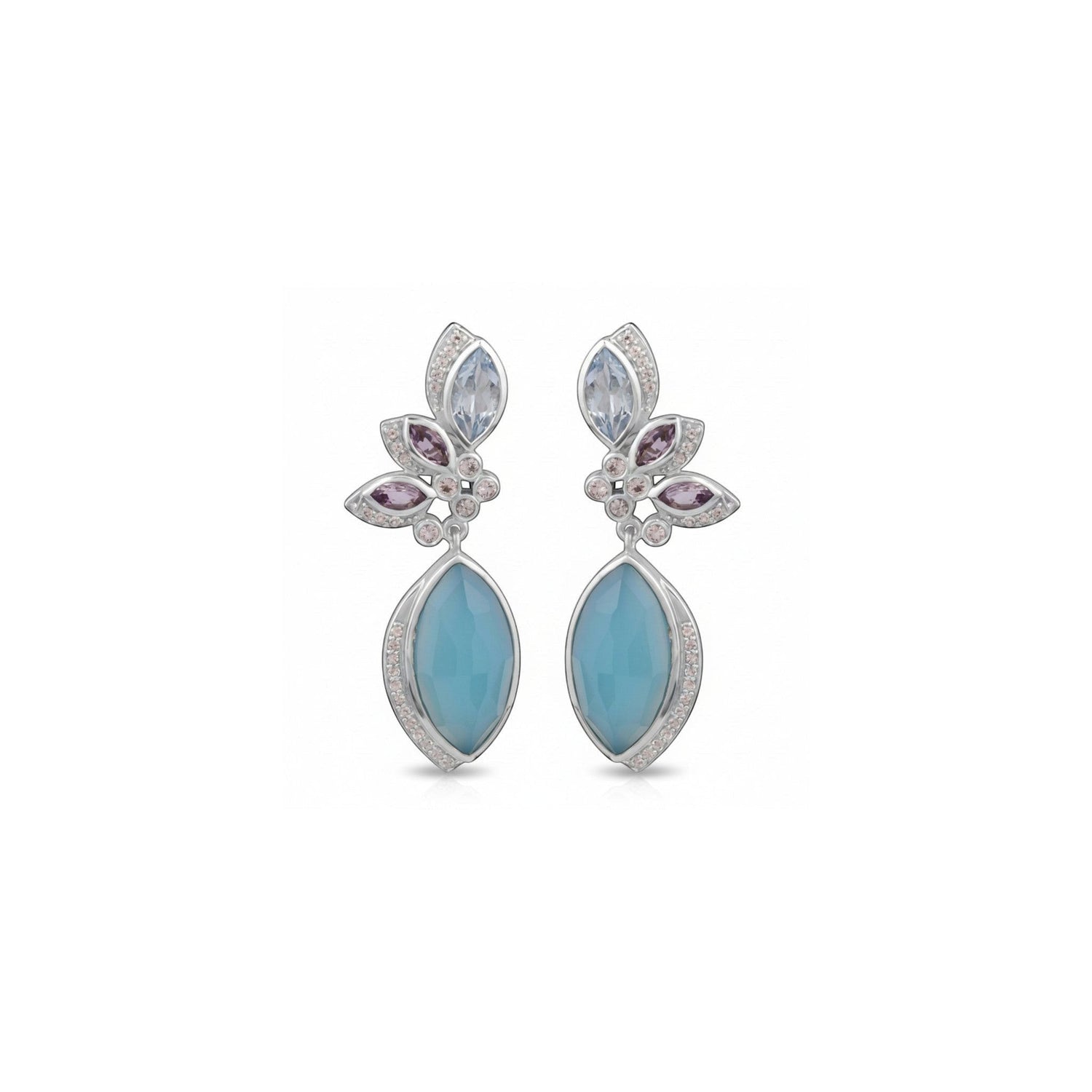 Tania Claire Australia Seraphina earrings with aqua chalcedony, amethyst, and white rhodium-plated sterling silver.