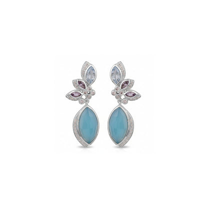 Tania Claire Australia Seraphina earrings with aqua chalcedony, amethyst, and white rhodium-plated sterling silver.