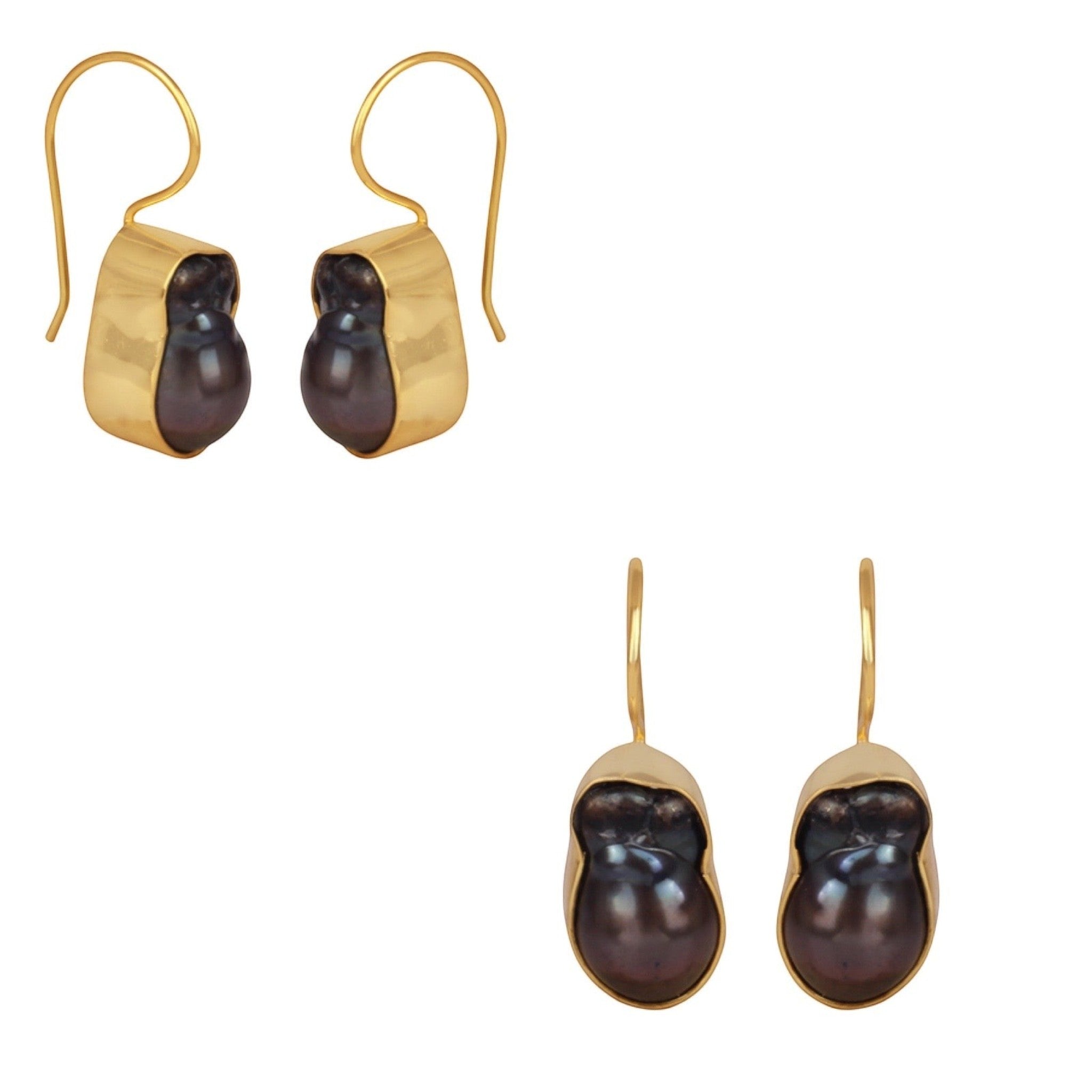 Tania Claire Australia Shadow Seed baroque pearl earrings in sculpted gold-plated sterling silver. Unique midnight pearls.