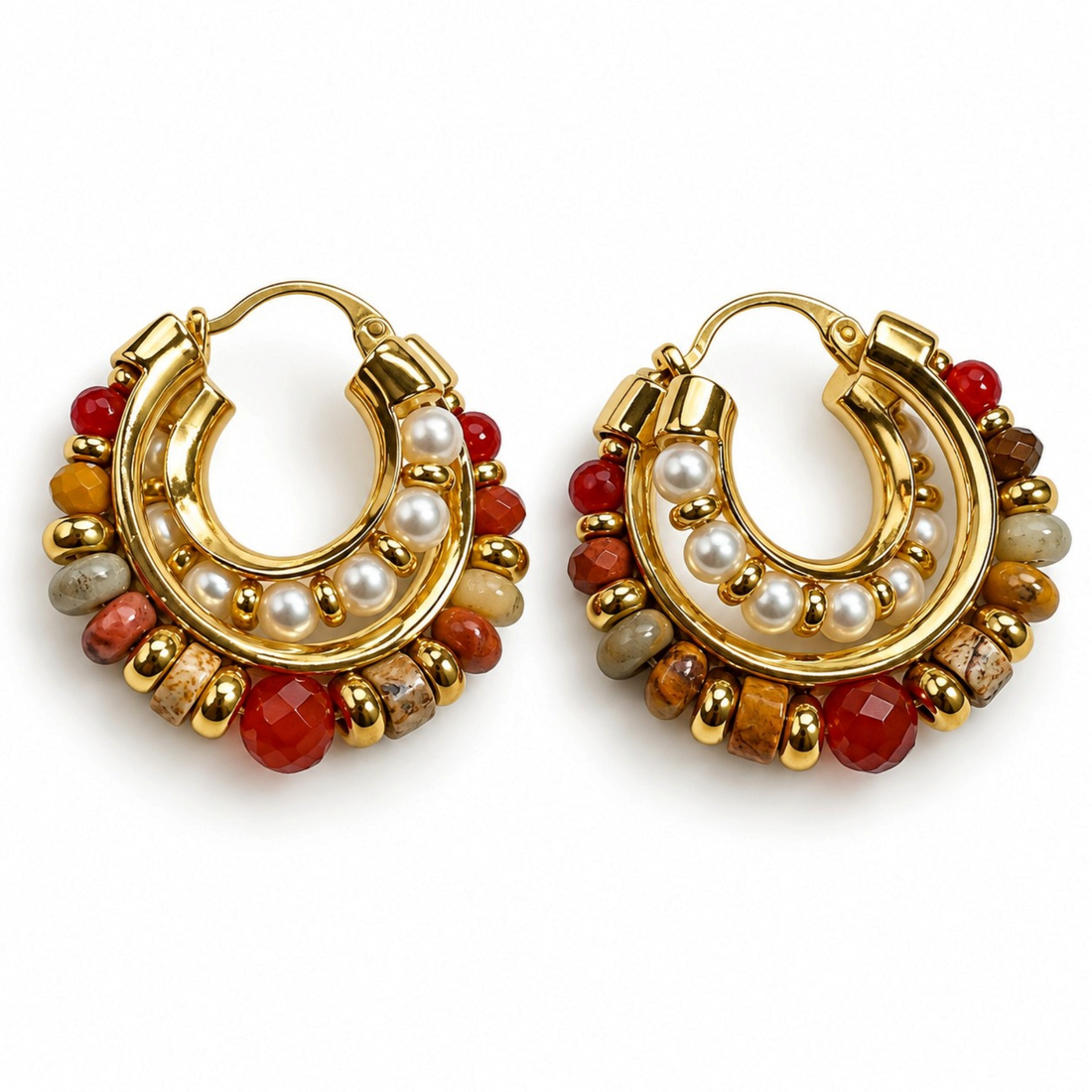 Tania Claire Australia Sienna Muse hoop earrings featuring gold plating, semi-precious stones, and pearlescent beads.