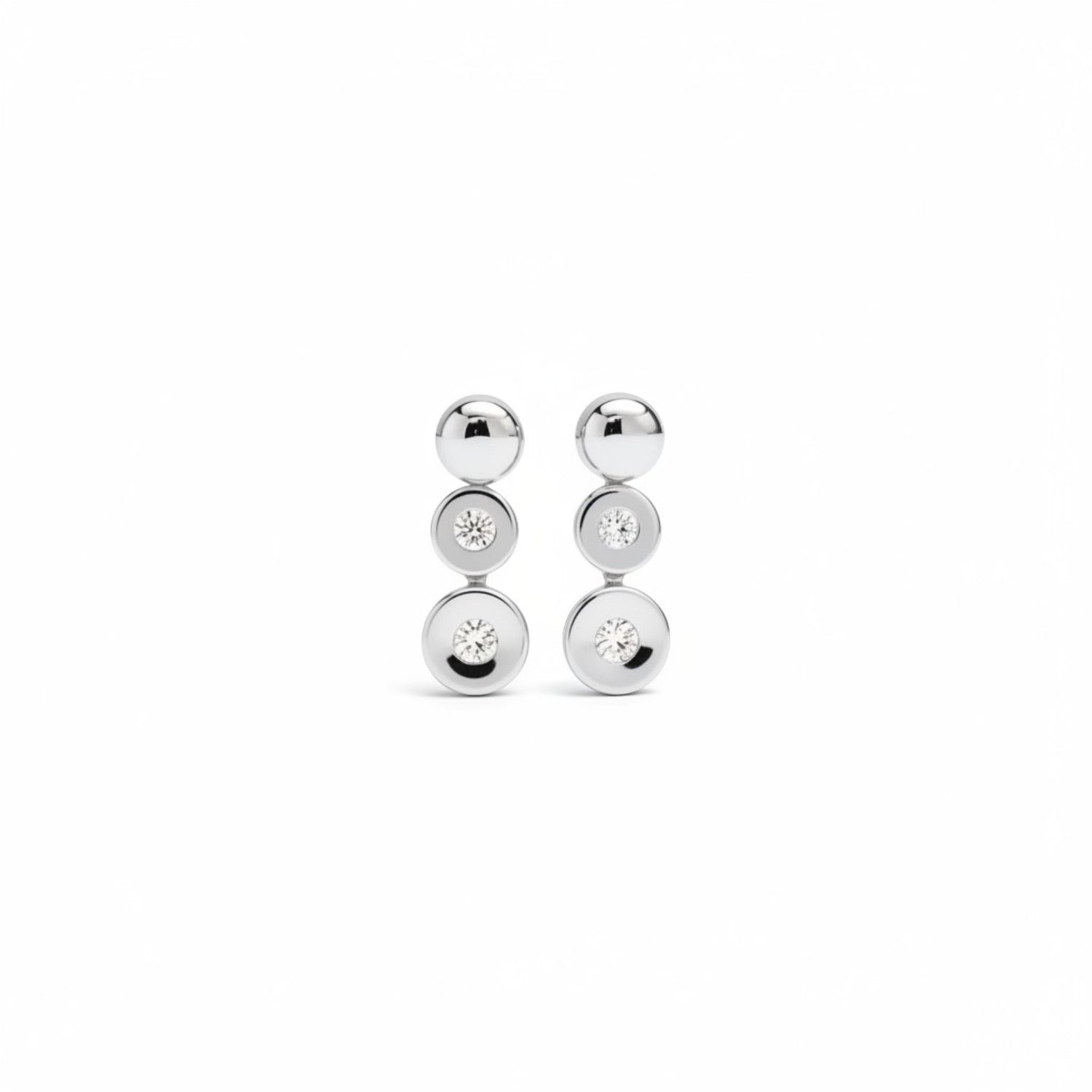 Tania Claire Australia Luna Trio Studs: Sterling silver 14k gold plated drop earrings with three stacked polished orbs and cubic zirconia accents.