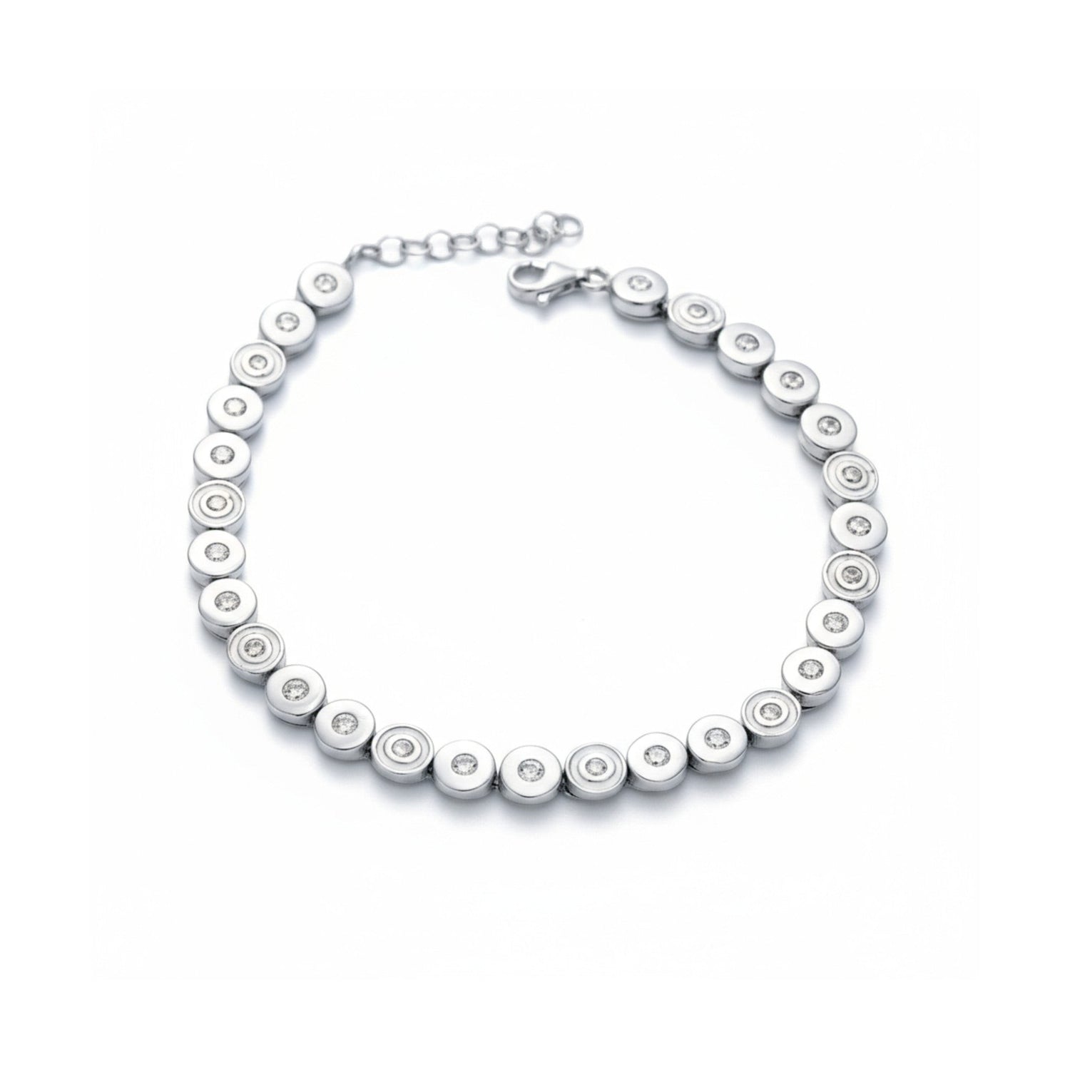 Tania Claire Australia Elara Bracelet: silver, circular links with shimmering stones, adjustable clasp.