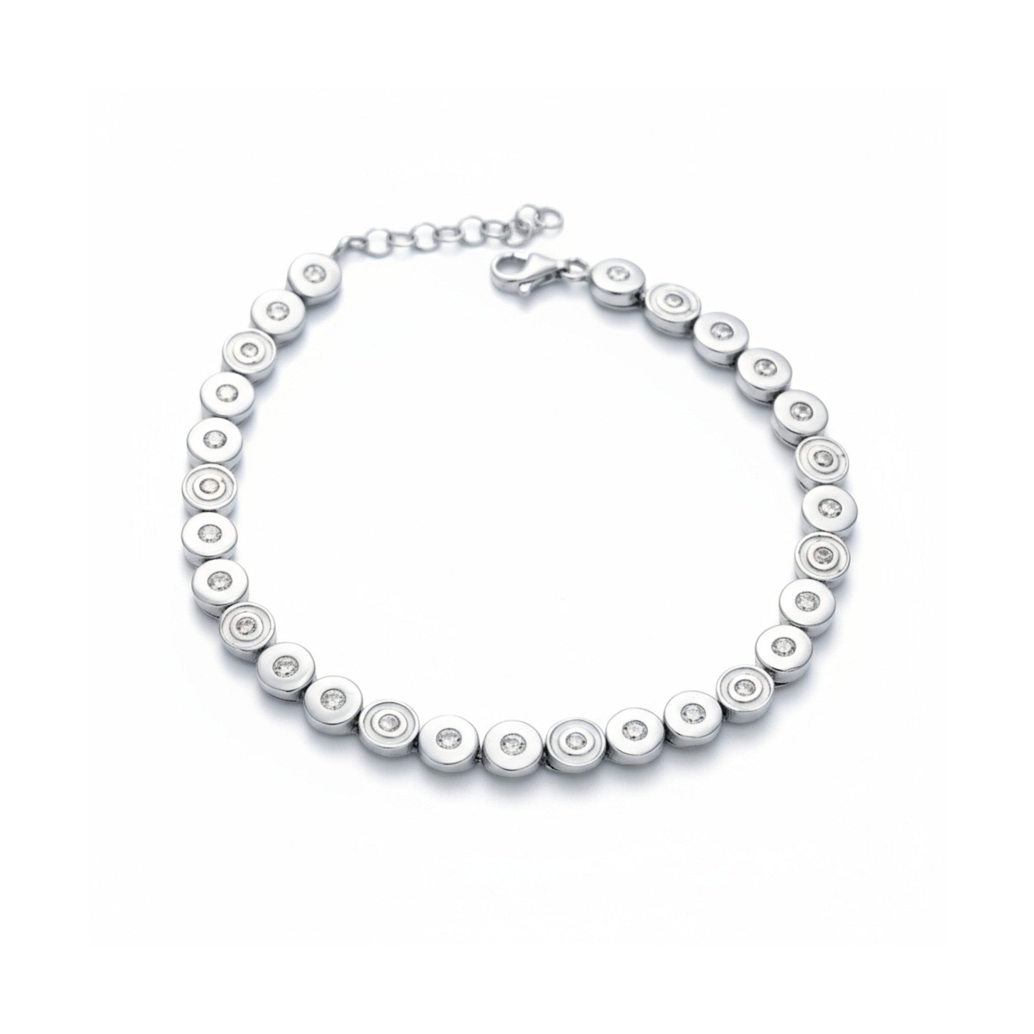 Tania Claire Australia Elara Bracelet: silver, circular links with shimmering stones, adjustable clasp.