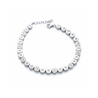 Tania Claire Australia Elara Bracelet: silver, circular links with shimmering stones, adjustable clasp.