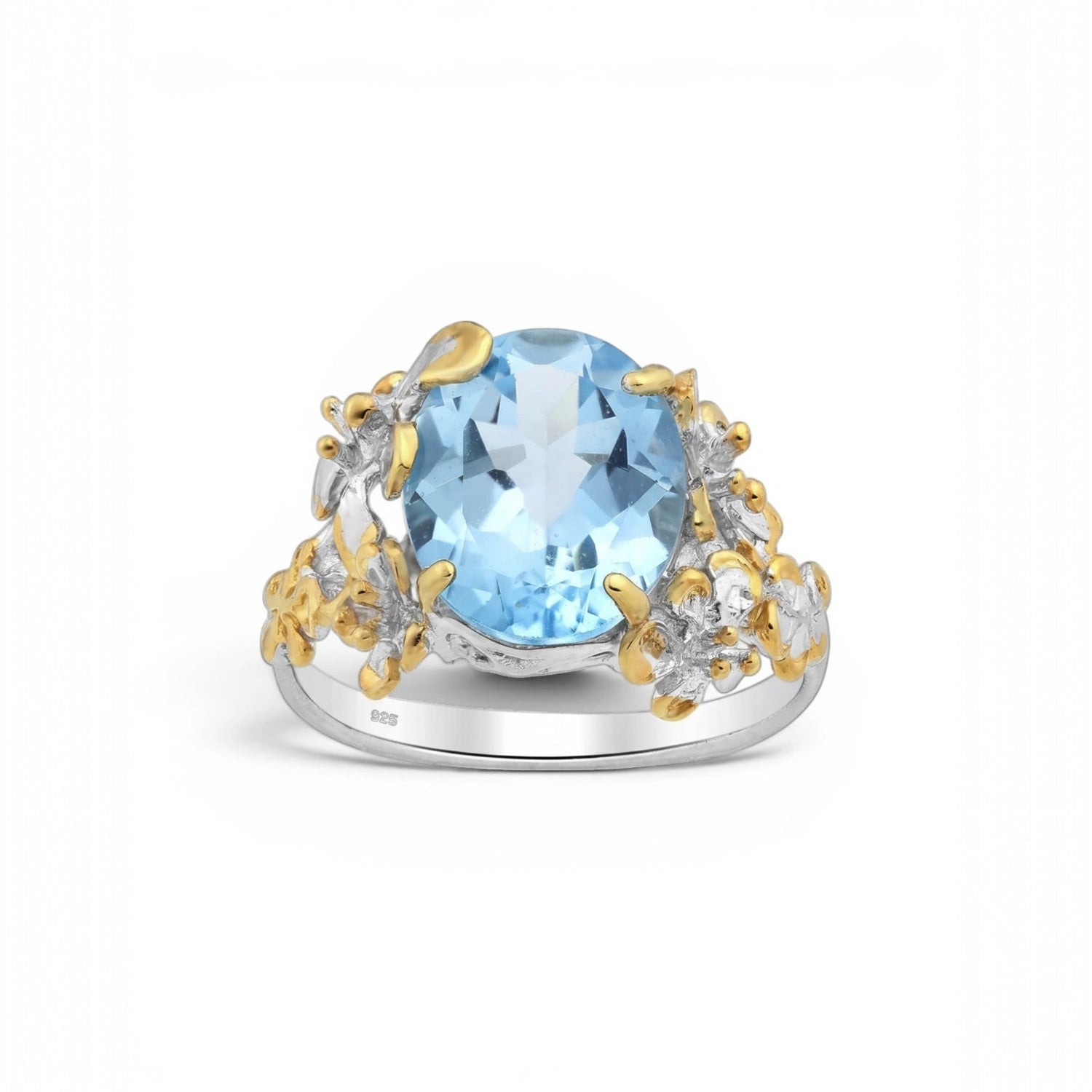Tania Claire Australia Skyfall Bloom Ring with faceted sky-blue crystal, sterling silver, and gold-plated botanical detailing.