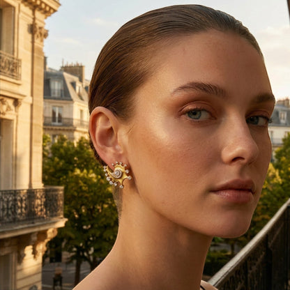 Tania Claire Australia Solaris Eye gold plated sterling silver earrings with crystals, featuring celestial eye motif.