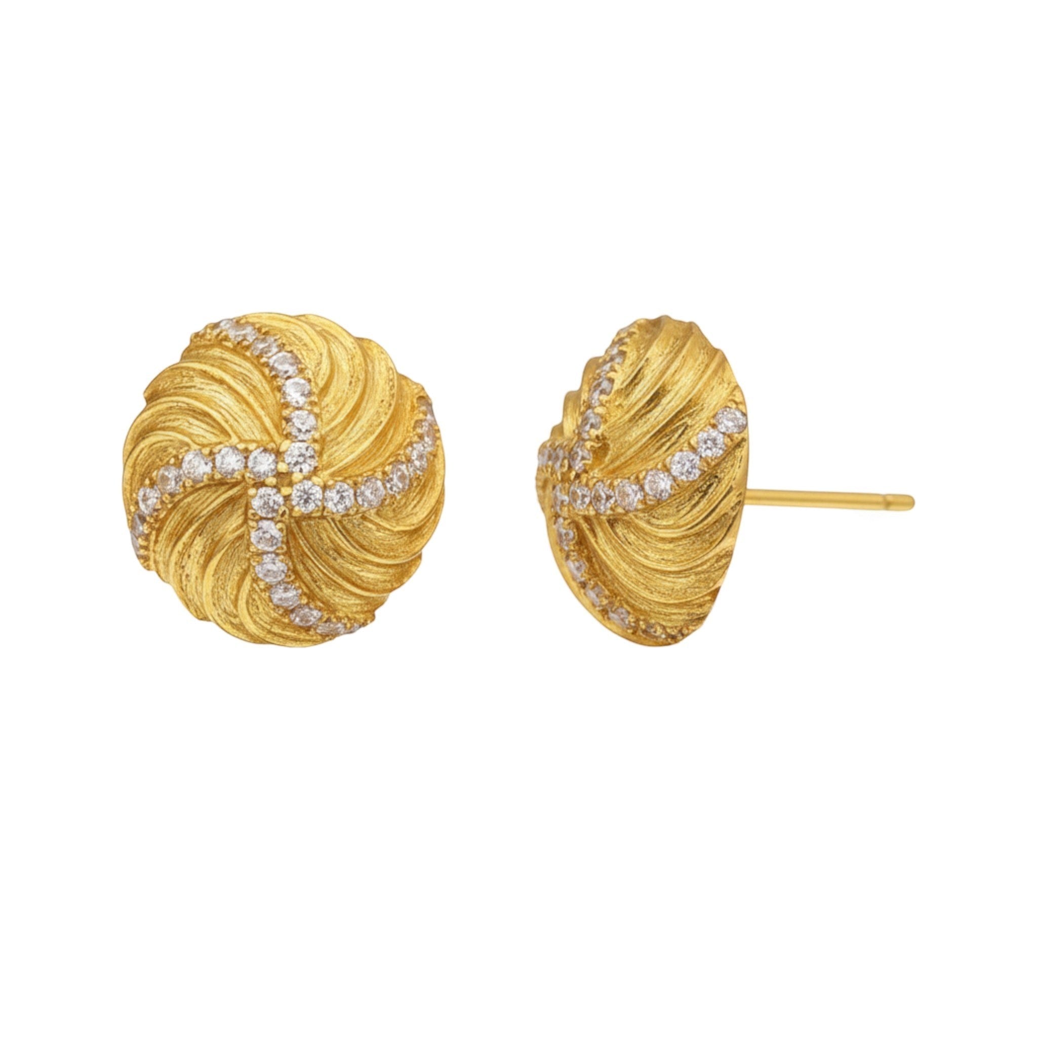 Tania Claire Australia Solaris Studs: 14K gold plated sterling silver earrings with swirling texture and pavé crystals.