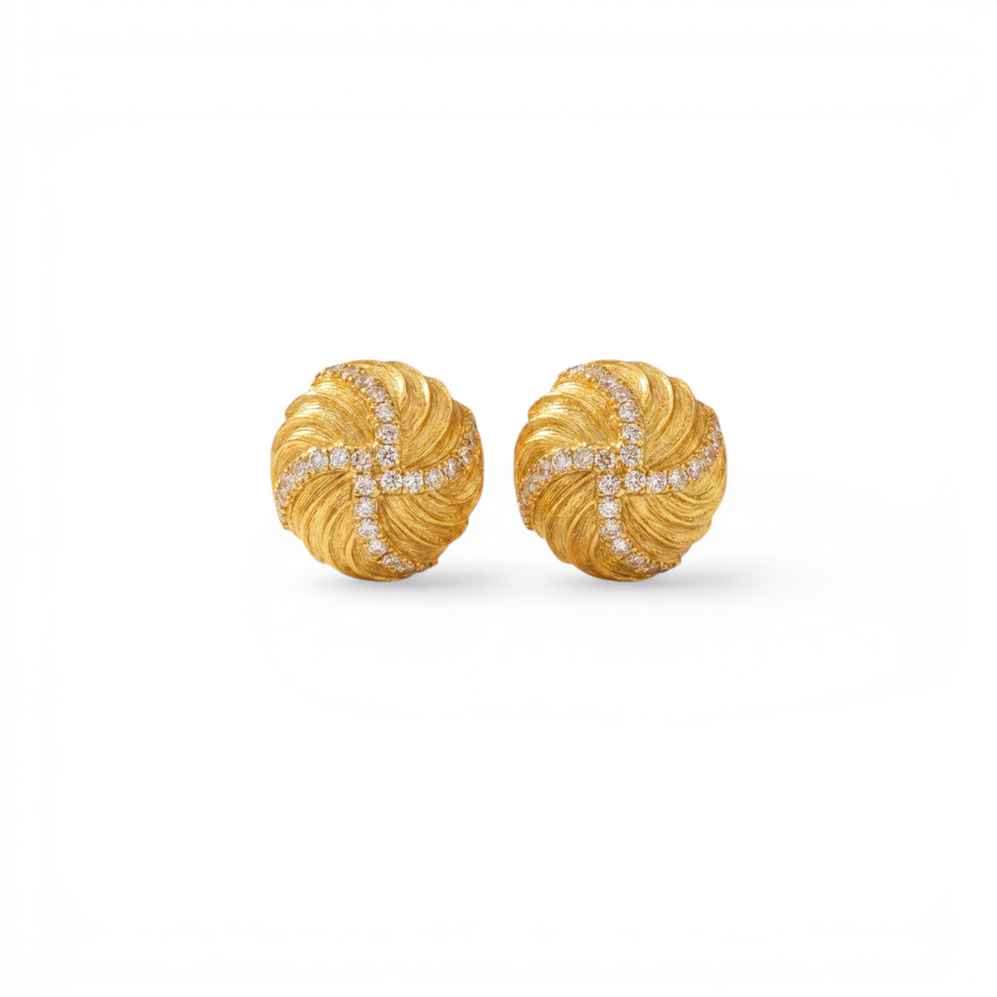 Tania Claire Australia Solaris Studs: 14K gold plated sterling silver earrings with textured swirls and pavé crystals.