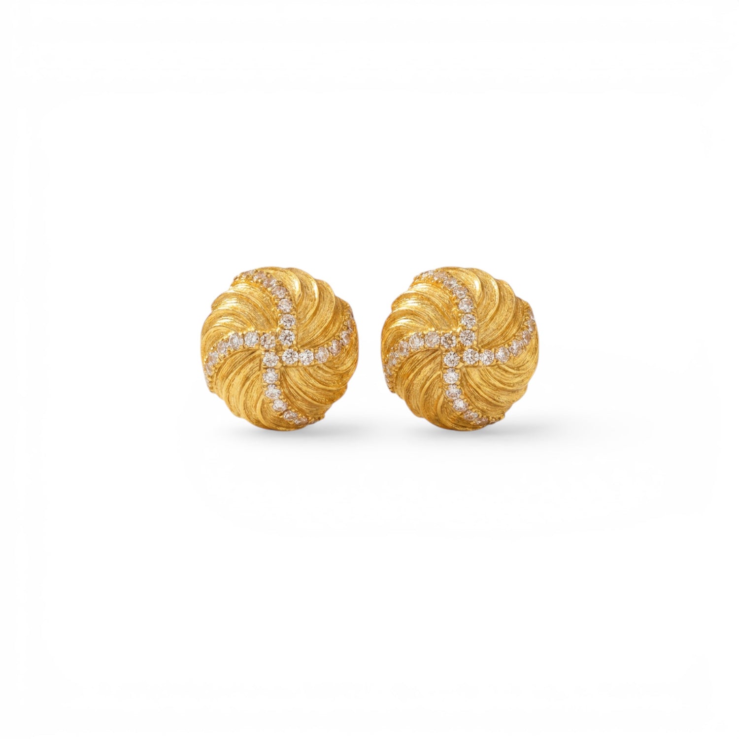 Tania Claire Australia Solaris Studs: 14K gold plated sterling silver earrings with textured swirls and pavé crystals.