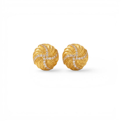 Tania Claire Australia Solaris Studs: 14K gold plated sterling silver earrings with textured swirls and pavé crystals.