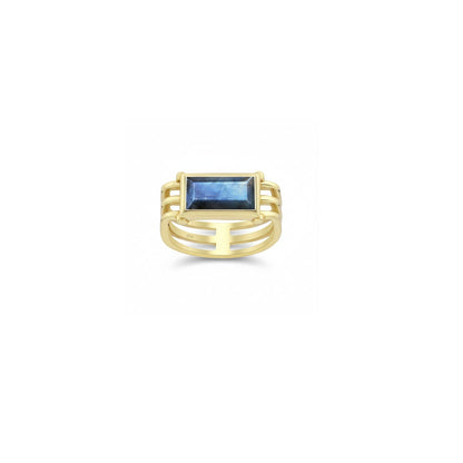 Tania Claire Australia Storm Bound ring with rectangular labradorite stone and 18K yellow gold bands.
